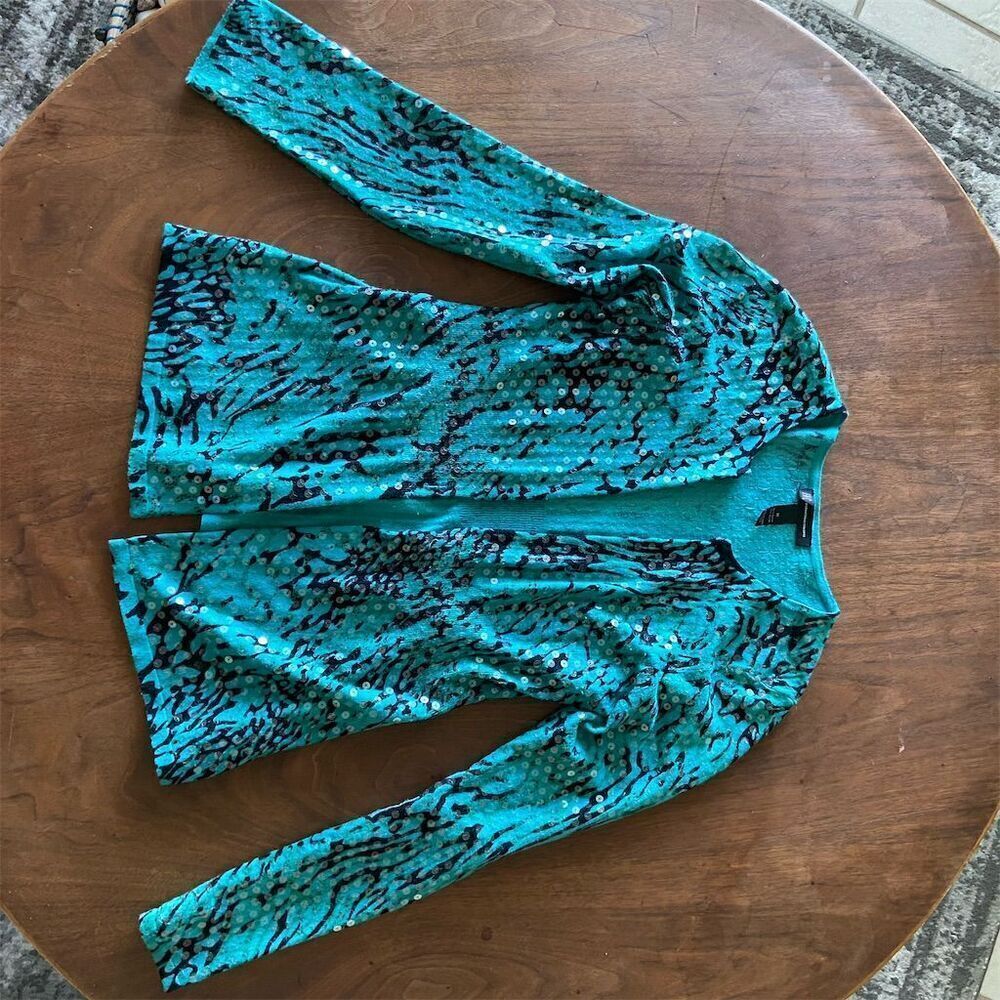 INC Women's M Teal Animal Print Cardigan Sweater Open Front Sequin